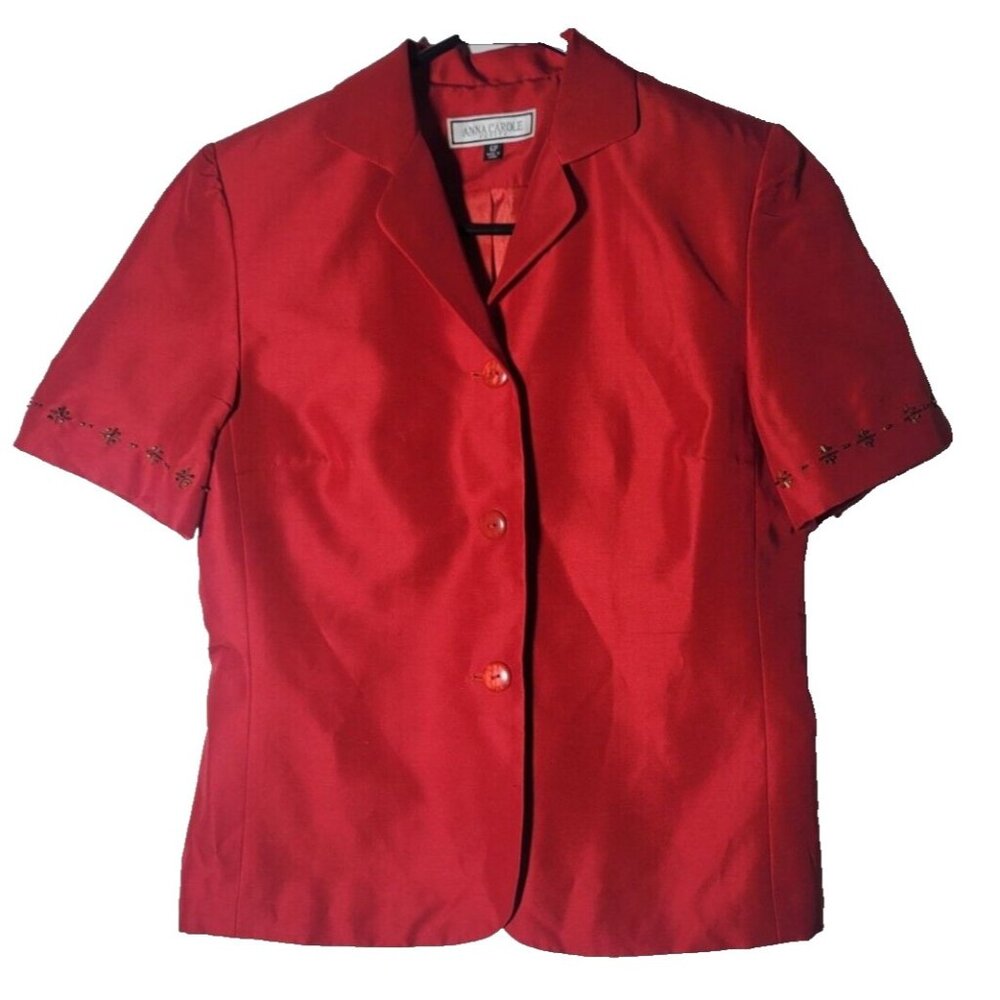 Vintage Anna Carole Petite Red Size 6P Beaded Short Sleeve Jacket Career Work